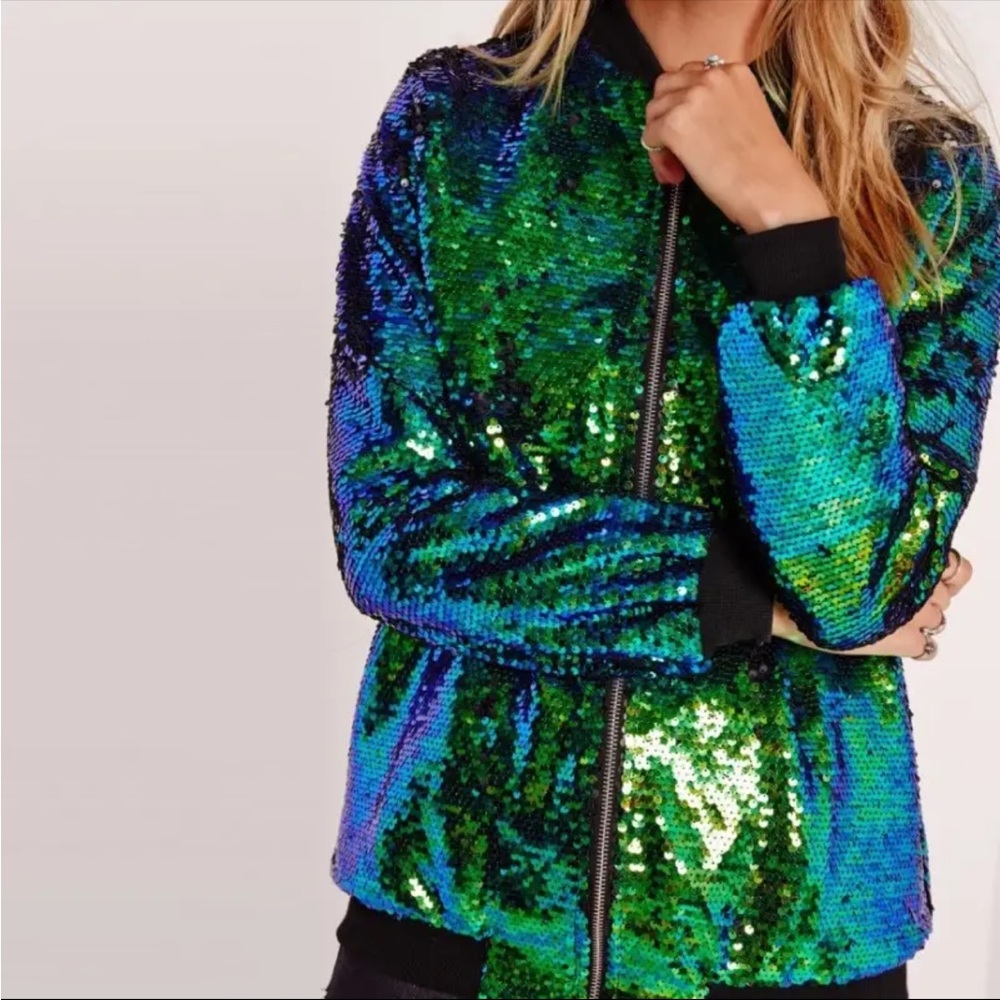 Mermaids color sequined boomer jacket with black trim xl zip up - Picture 2 of 2